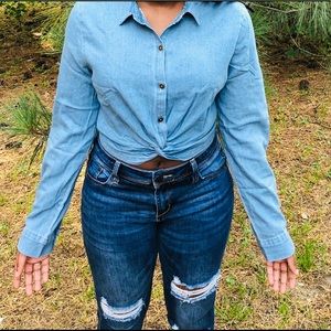 Light Blue Button-Up Twist Front Crop shirt